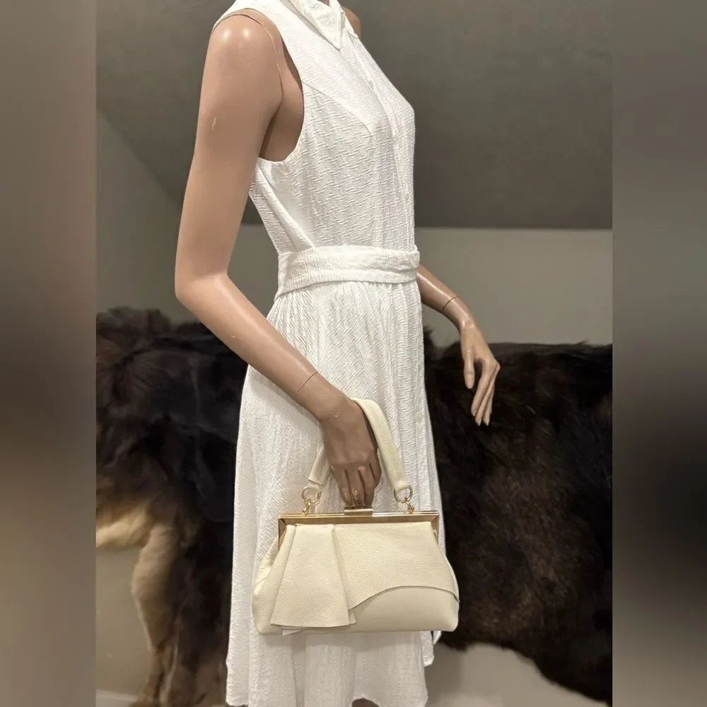 Ivory Pebble Leather Handmade Asymmetrical Ruffles Metal Frame Clutch/Crossbaody - Picture 10 of 16